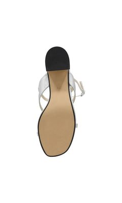 Bottom view of the silver Cora Silver Block Heel Prom Shoes: Touch Ups 4722, showing the sole and heel of the strappy block heel sandal.