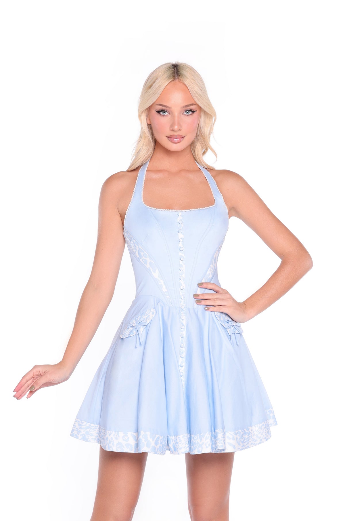 women's powder blue dress Powder-Blue Short Halter Casual with Buttons Print / XLarge Size:X-Small NEW-IN Lightweight woven chiffon shapes & Other Stories one