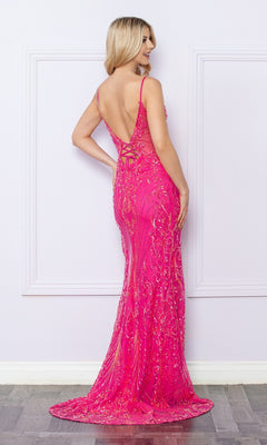 A woman faces away in the Open-Back Long Sequin-Print Prom Dress D1355, featuring a floor-length fitted bright pink design with a lace-up open back—an elegant pick for any formal event.