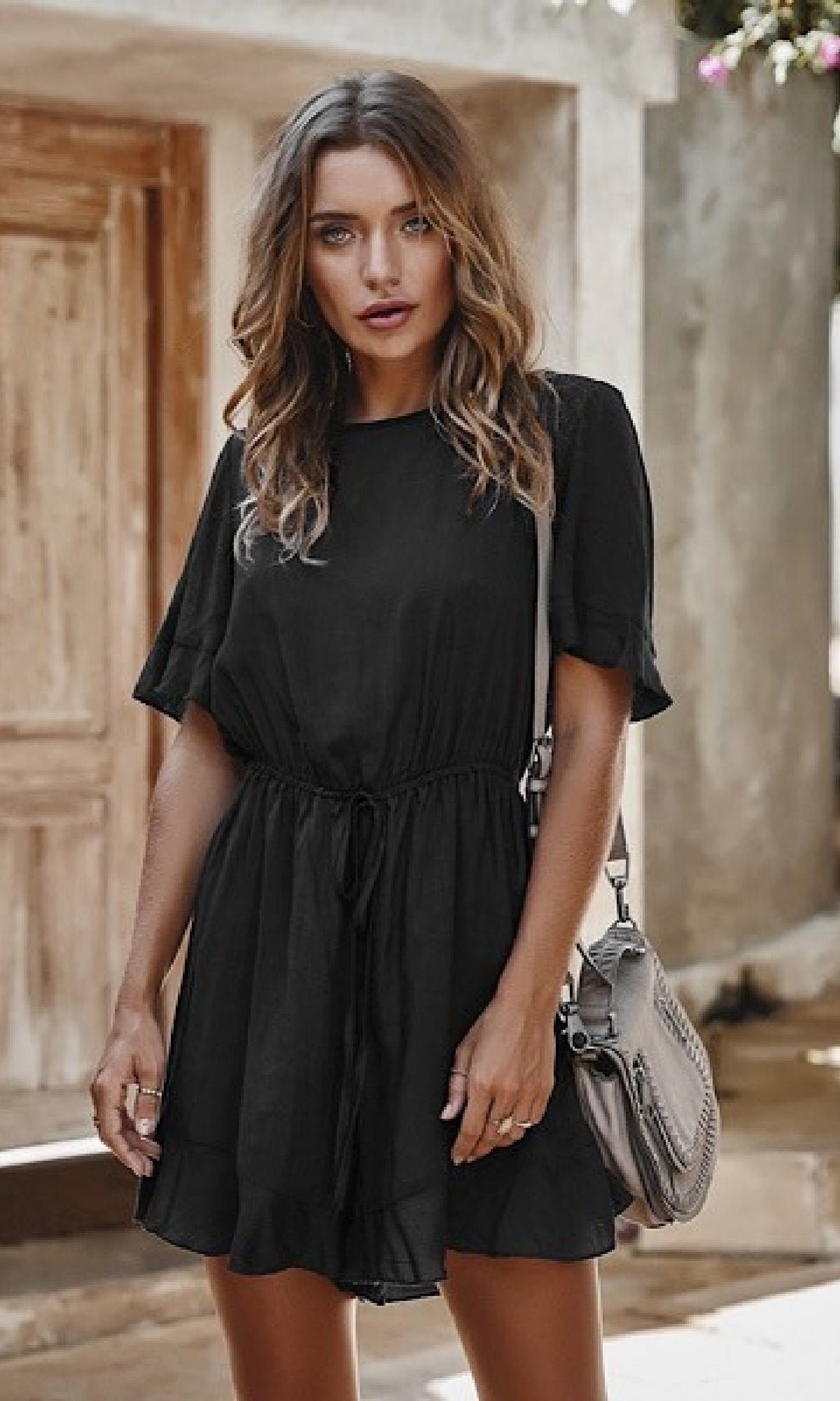 Short Sleeve Drawstring-Waist Casual Short Romper