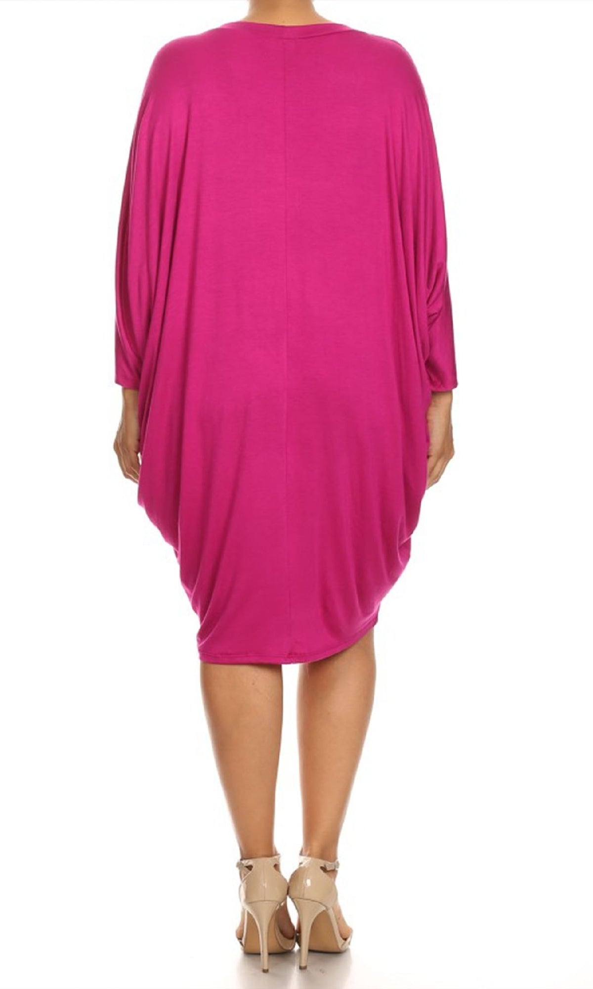 A person is standing facing away, wearing a bright pink Short Casual Plus Size Dress with dolman sleeves and beige high-heeled shoes.