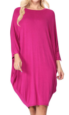 Solid knit dress Crew neck Long dolman sleeves Magenta / L Solid knit dress Crew neck Long dolman sleeves Magenta / L