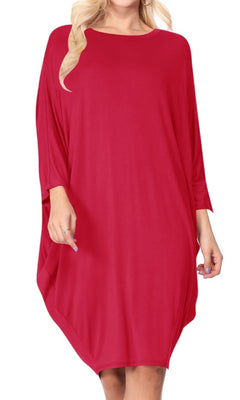 Solid knit dress Crew neck Long dolman sleeves Red / L