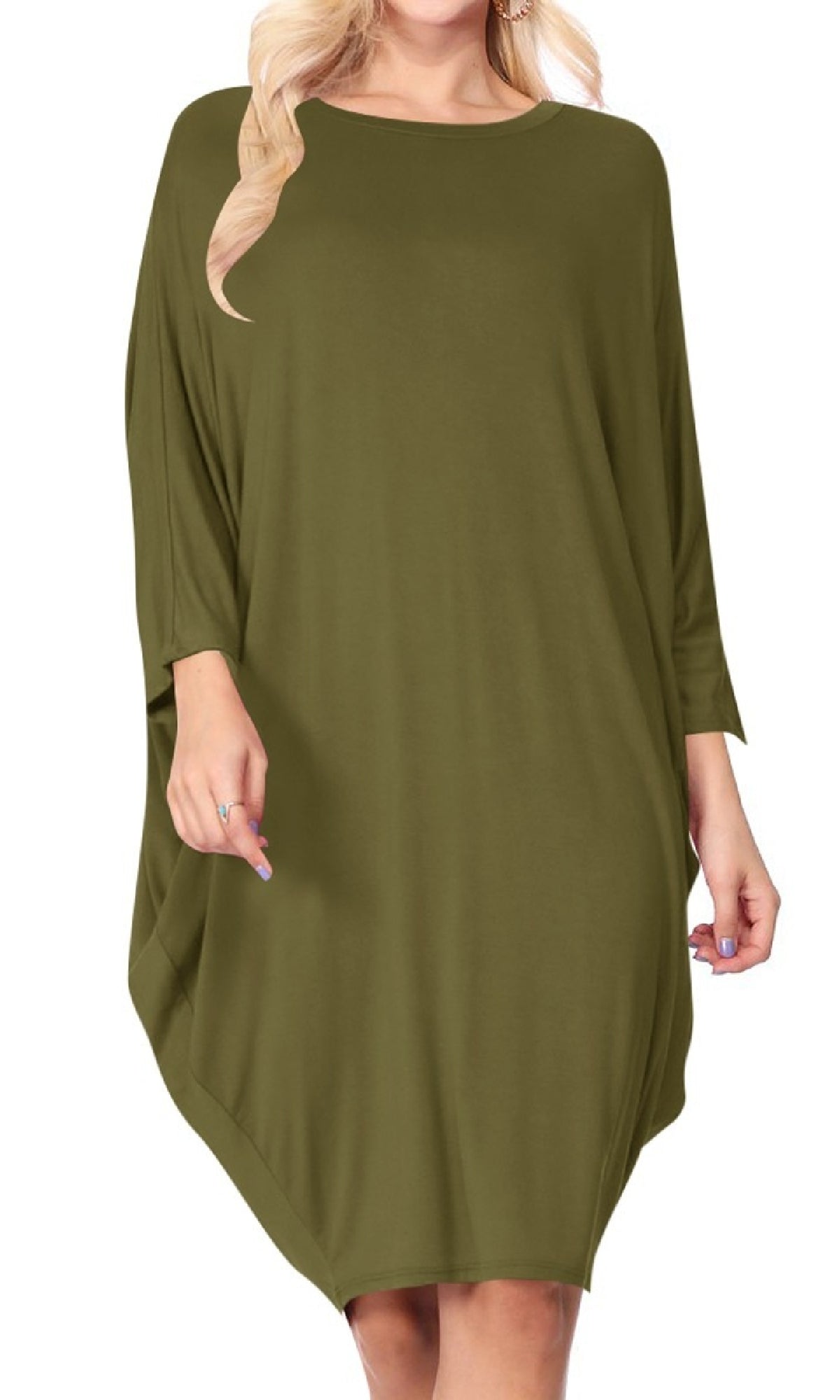 Short Casual Knit Dress with Dolman Sleeves Olive / Small