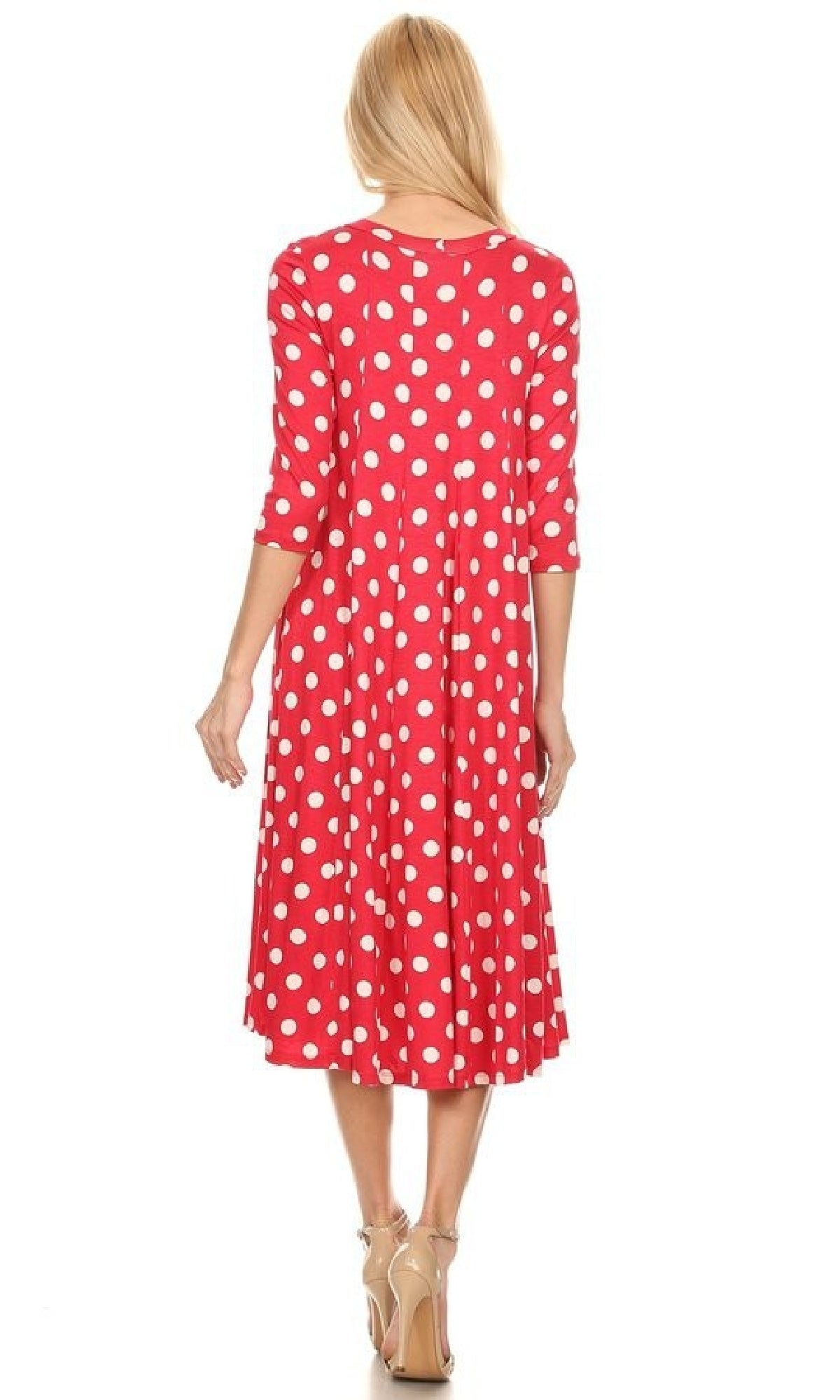 A-Line Casual Polka Dot Midi Dress with Sleeves White / Small