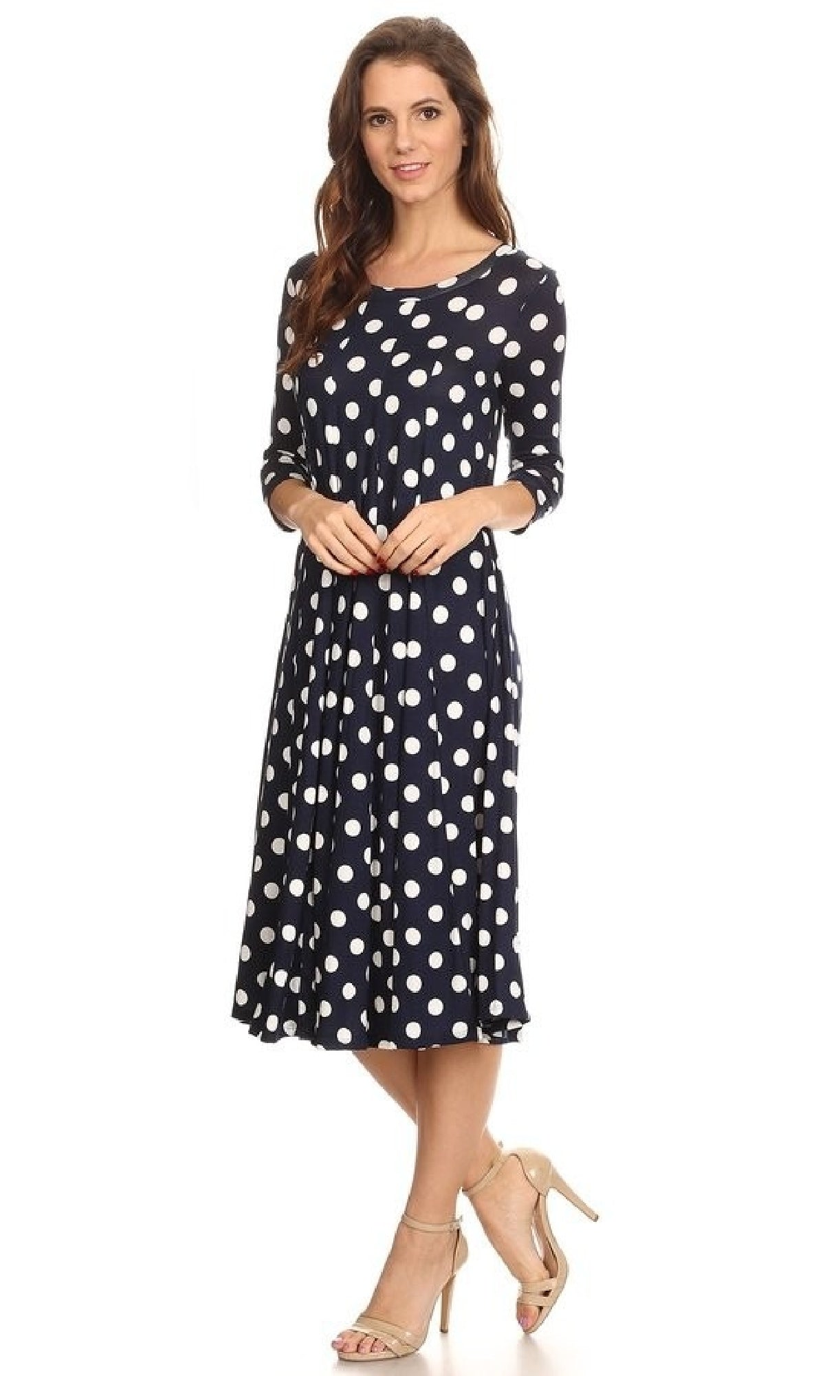 A-Line Casual Polka Dot Midi Dress with Sleeves White / Small A-Line Casual Polka Dot Midi Dress with Sleeves White / Small