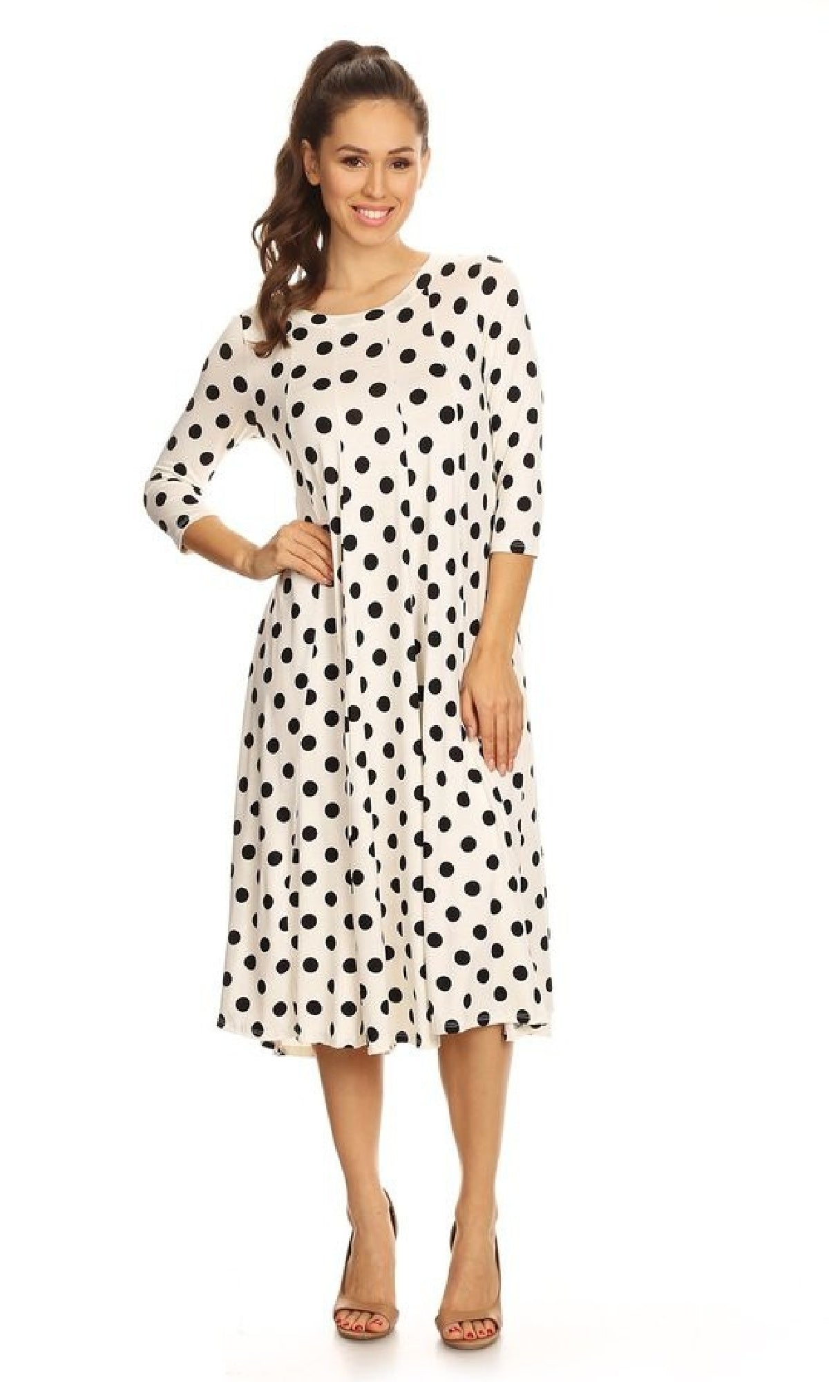A-Line Casual Polka Dot Midi Dress with Sleeves White / Small