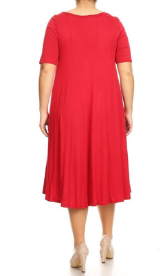 A person is shown from the back wearing the Plus-Size Jersey Knit Oversized A-Line Casual Dress in red with short sleeves and beige heels, standing against a white background.