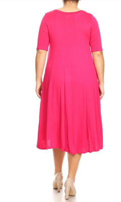 A person is shown from the back against a white background wearing the Plus-Size Jersey Knit Oversized A-Line Casual Dress in bright pink, paired with beige high heels.