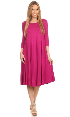 Woman wearing the Knee-Length Casual Party Dress in magenta with three-quarter sleeves and beige sandals, standing against a white background.