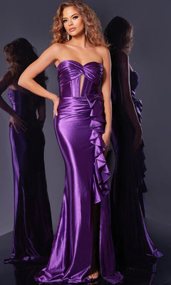 A woman wearing the Strapless Long Ruffle Prom Dress: Jovani D5318 in metallic purple poses against a dark, reflective background.