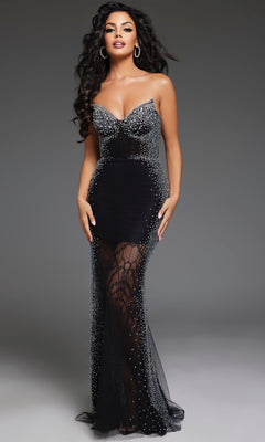 A woman in the Jovani D5503 Sparkly Strapless Long Prom Dress with sheer panels and a corset-style bodice poses against a plain gray background.