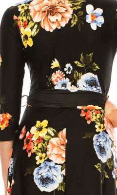 Faux-Wrap Black Floral Casual Knee-Length Dress Black/Blue / Large Faux-Wrap Black Floral Casual Knee-Length Dress Black/Blue / Large