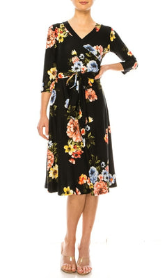 Faux-Wrap Black Floral Casual Knee-Length Dress Black/Blue / Large Faux-Wrap Black Floral Casual Knee-Length Dress Black/Blue / Large