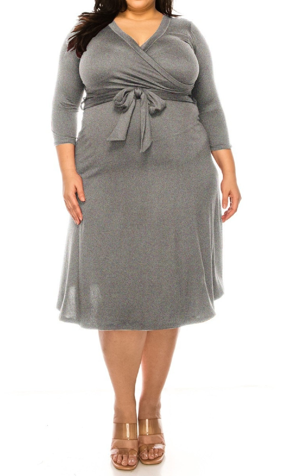 Knee-Length Faux-Wrap Plus-Size Casual Dress - Main Image
