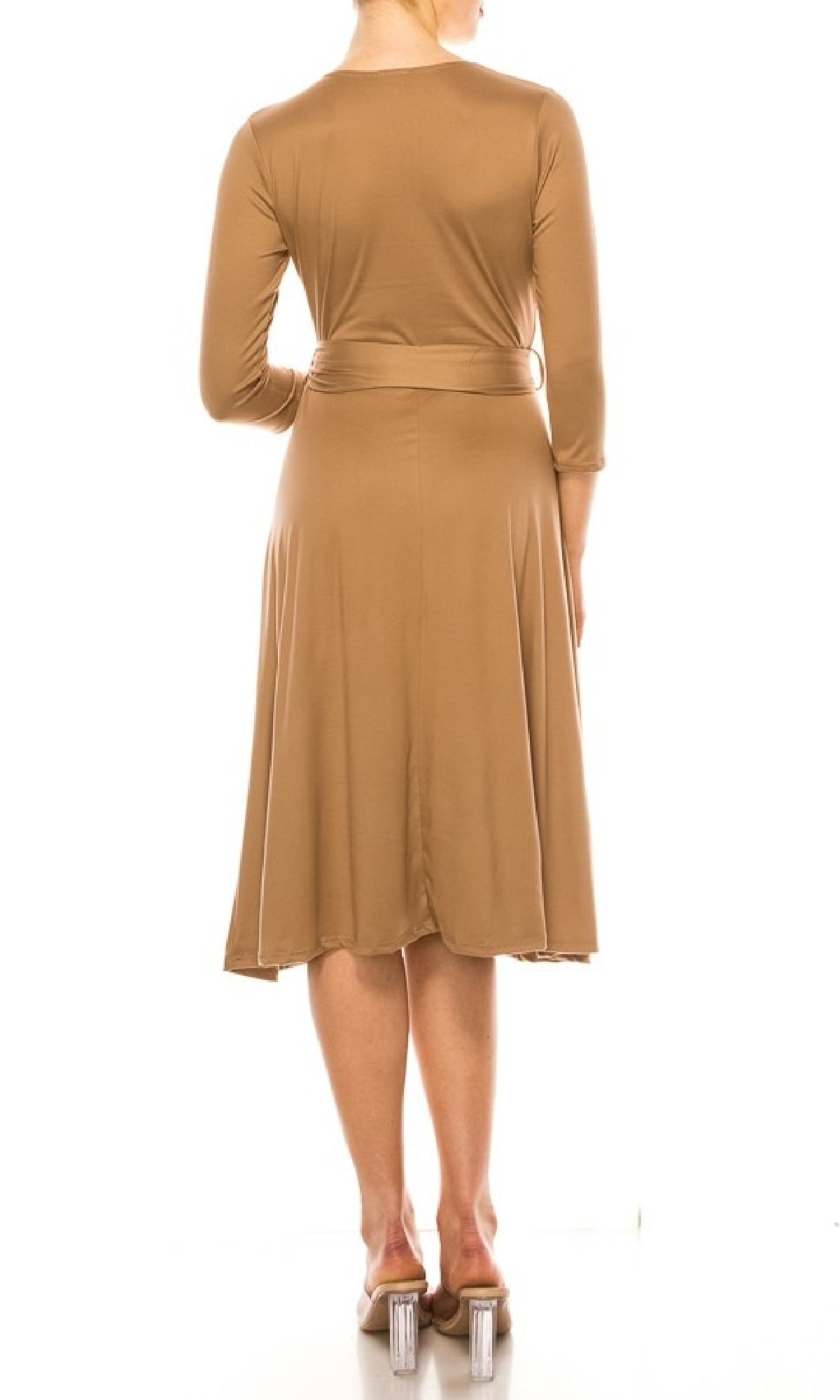 A person is shown from the back wearing the Faux-Wrap Casual Short Dress with Sleeves in knee-length tan, paired with clear-heeled shoes against a white background.
