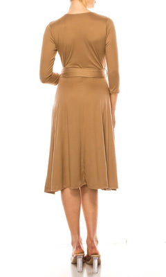 A person is shown from the back wearing the Faux-Wrap Casual Short Dress with Sleeves in knee-length tan, paired with clear-heeled shoes against a white background.