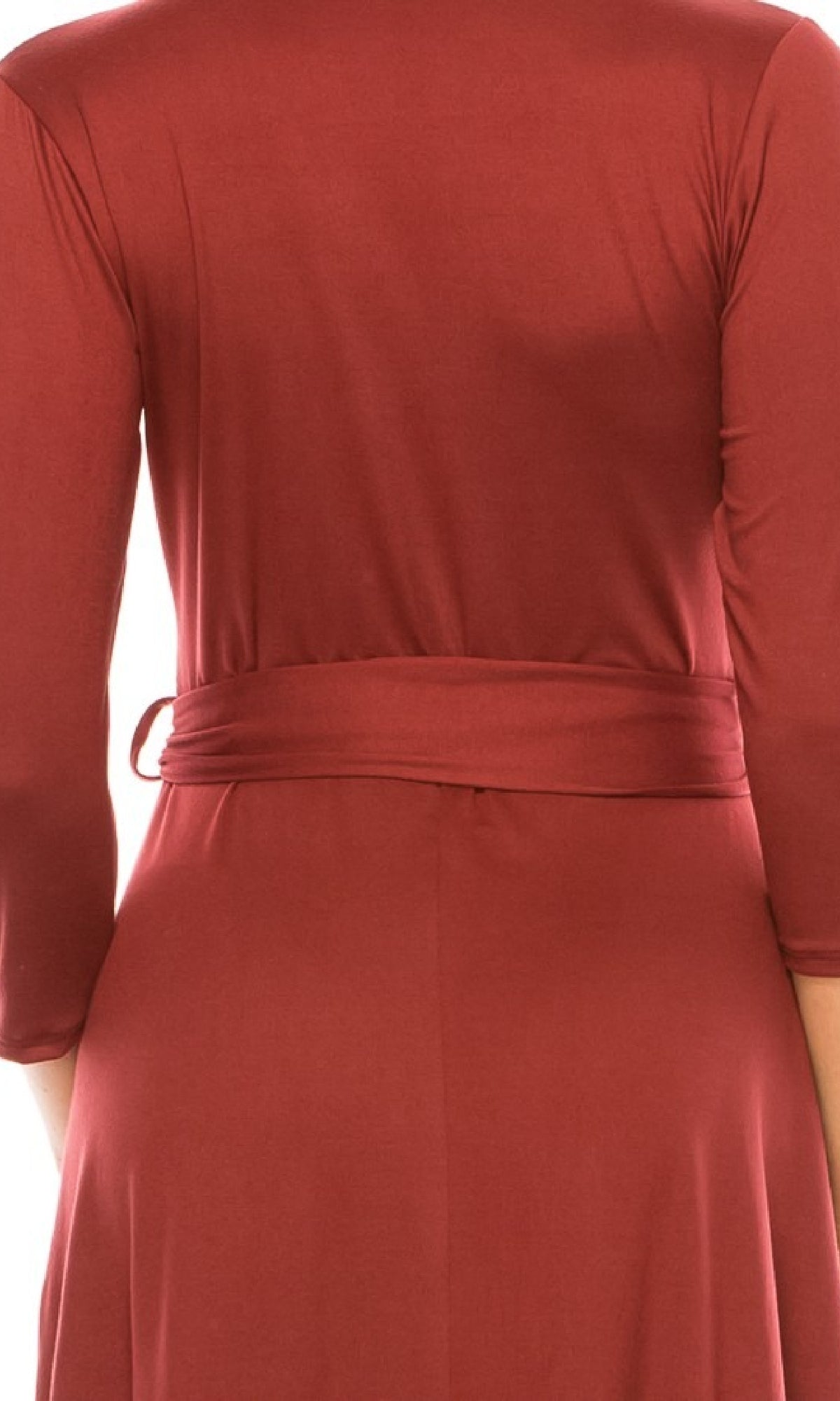 Model wearing the Faux-Wrap Casual Short Dress with Sleeves in rust, featuring long sleeves, a fabric belt, and knee-length hem, shown from the back.