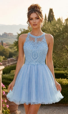 A woman stands outdoors against a backdrop of greenery and distant hills, wearing the Short Homecoming Dress: Chicas DM4002 in baby blue—a sleeveless fit-and-flare style featuring an embroidered bodice.