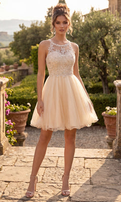 A woman stands outdoors wearing the Short Homecoming Dress: Chicas DM4002 in champagne gold, a sleeveless, knee-length tulle dress featuring an embroidered bodice. She poses on a stone path surrounded by greenery and decorative pots, accessorizing her look with high heels.