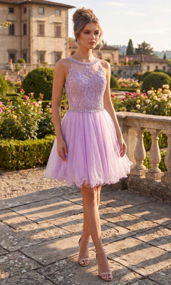 A woman wearing the Chicas DM4002 short homecoming dress in lilac stands outdoors on a stone pathway, with gardens and a large building in the background.