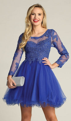 Short Babydoll Homecoming Dress with Long Sleeves Royal Blue / Large