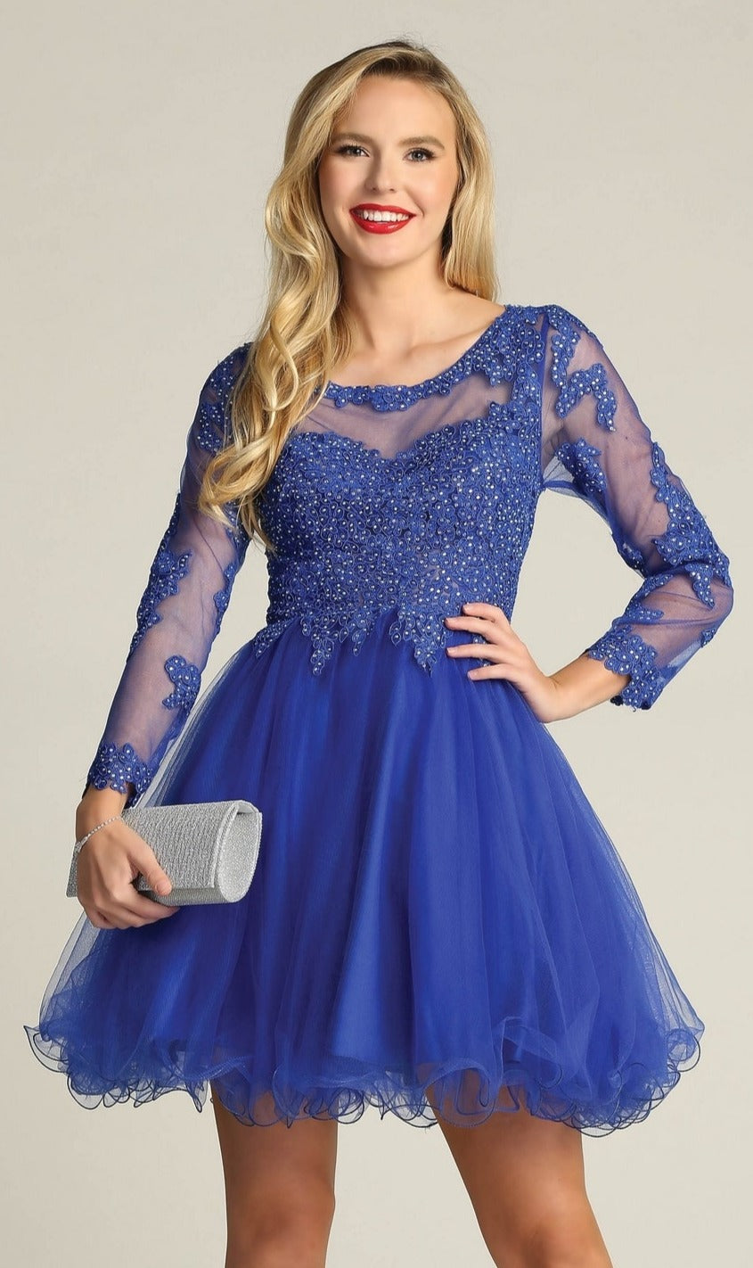 Short Babydoll Homecoming Dress with Long Sleeves Royal Blue / Large