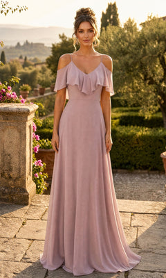 A woman in a mocha, off-the-shoulder, floor-length chiffon Long Formal Dress: Chicas DM4004 stands outdoors on a stone terrace with greenery, flowers, and soft sunset lighting in the background.