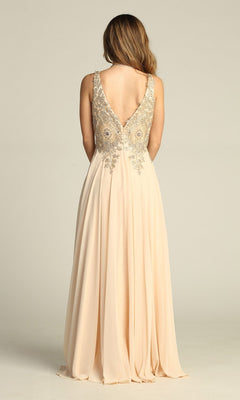 A woman with long brown hair is elegantly seen from the back wearing the Chicas DM4006 Long Formal Dress, which features a sleeveless embroidered bodice and a floor-length cream chiffon A-line skirt.