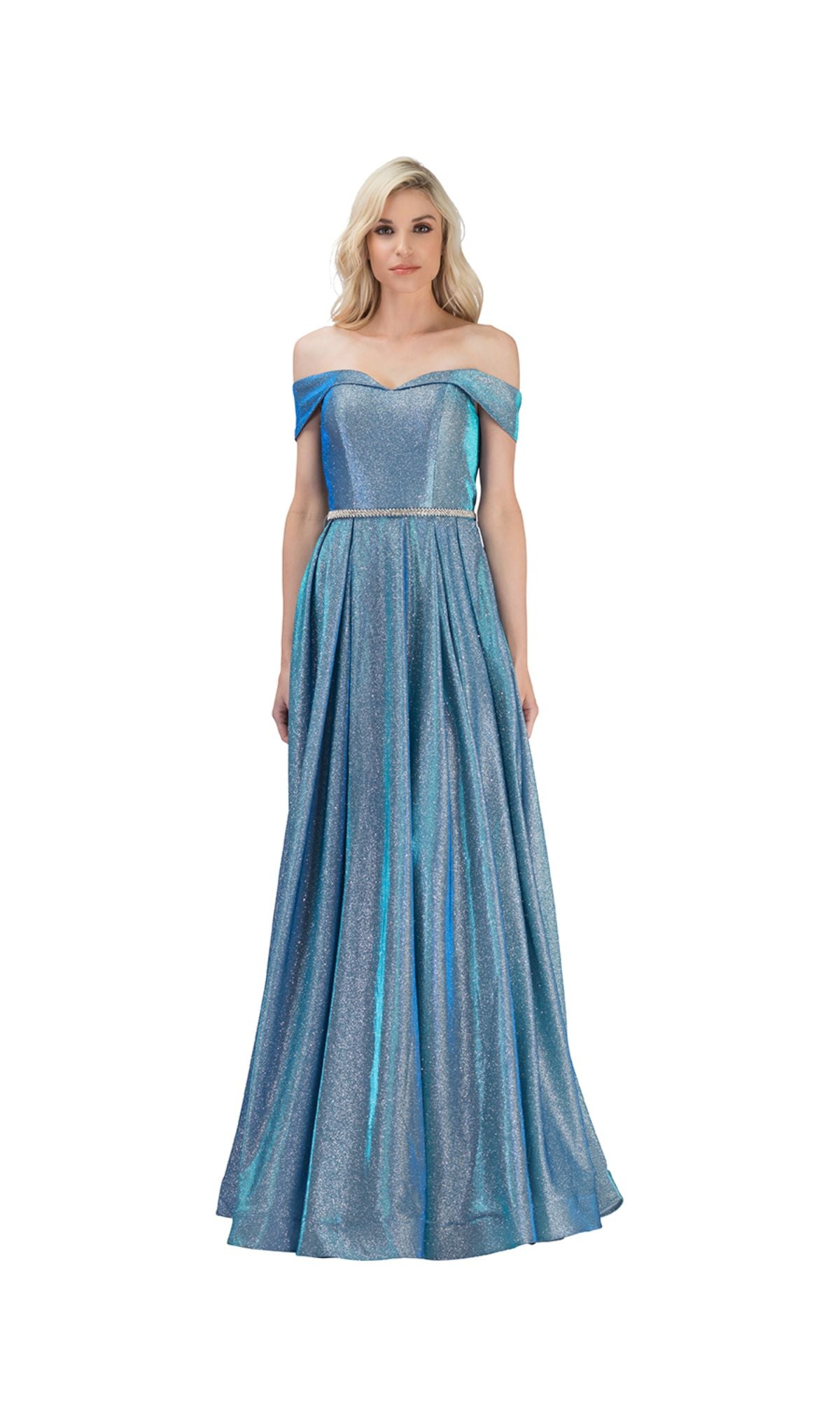 A woman wears the Long Glitter A-Line Prom Dress: Chicas DM4007, a shimmering blue off-the-shoulder gown with a fitted bodice and full floor-length skirt, set against a plain white background.