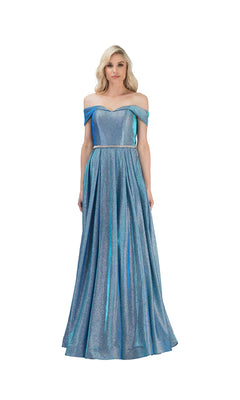 A woman wears the Long Glitter A-Line Prom Dress: Chicas DM4007, a shimmering blue off-the-shoulder gown with a fitted bodice and full floor-length skirt, set against a plain white background.