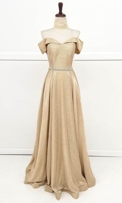 Off-The-Shoulder Long Glitter Prom Dress with Pockets Champagne / Large Off-The-Shoulder Long Glitter Prom Dress with Pockets Champagne / Large
