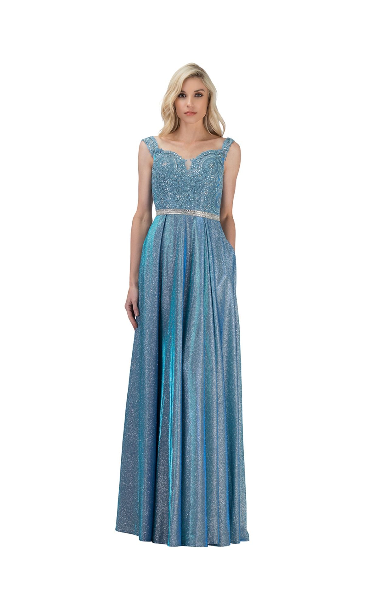 A woman wears the Beaded-Belt Long Glitter Prom Dress: Chicas DM4008, a sleeveless, floor-length light blue gown with floral embroidered bodice and silver belt, standing against a white background.