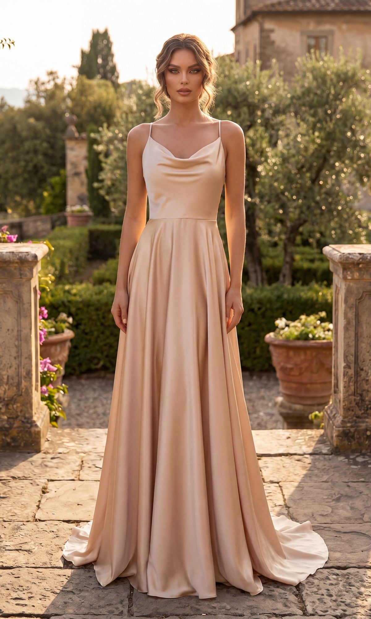 A woman wearing the Shoulder-Tie Long A-Line Prom Dress (Chicas DM4018) stands outdoors on a stone path, surrounded by greenery and potted plants.
