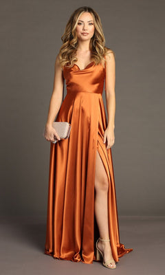 Woman in the Shoulder-Tie Long A-Line Prom Dress: Chicas DM4018—an affordable, floor-length orange satin gown with a thigh-high slit—holding a clutch and wearing strappy heels against a plain background.