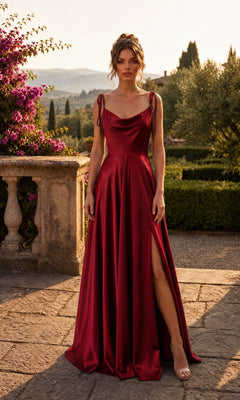 A woman stands outdoors on a stone terrace surrounded by greenery and flowers at sunset, wearing the red Shoulder-Tie Long A-Line Prom Dress (Chicas DM4018), which features a sleeveless design and side slit.