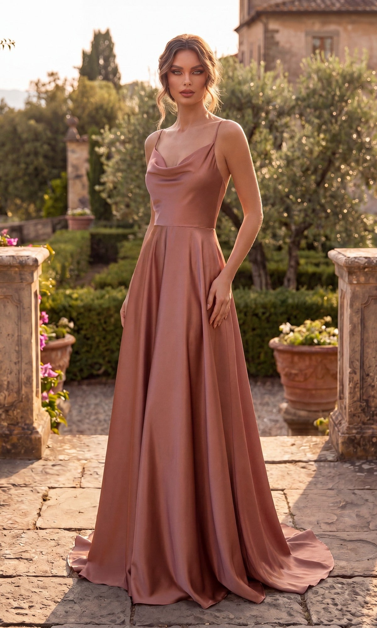 A woman in the Shoulder-Tie Long A-Line Prom Dress (Chicas DM4018) in Sienna stands on a stone terrace with greenery and historic buildings in the background.