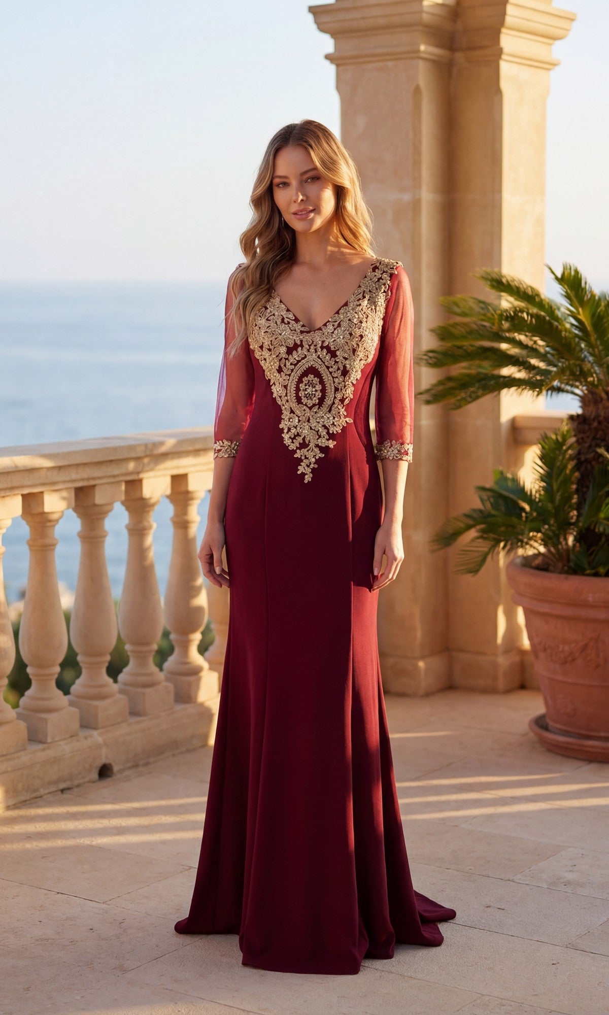 Three-Quarter-Sleeve Long Formal Dress with Embroidery Burgundy/Gold / XLarge