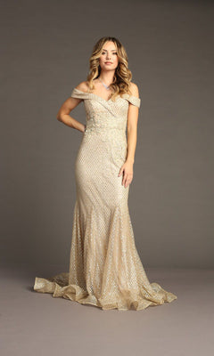 A woman wears the Off-the-Shoulder Long Prom Dress: Chicas DM4024, a mermaid gown embellished with gold sequins, as she poses elegantly against a plain gray background.