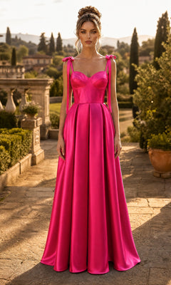 A woman wearing the Chicas DM8033 Long Prom Dress in fuchsia, featuring shoulder ties and a sweetheart neckline, stands outdoors on a stone path surrounded by greenery and classical architecture.
