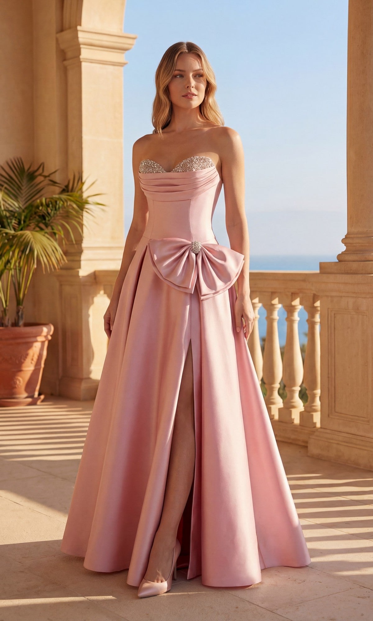 On a sunlit terrace, a woman wears the Long Prom Dress: Chicas DM9003 in dusty pink—strapless mikado ball gown with jeweled bodice, sweetheart neckline, waist bow detail, and front slit.