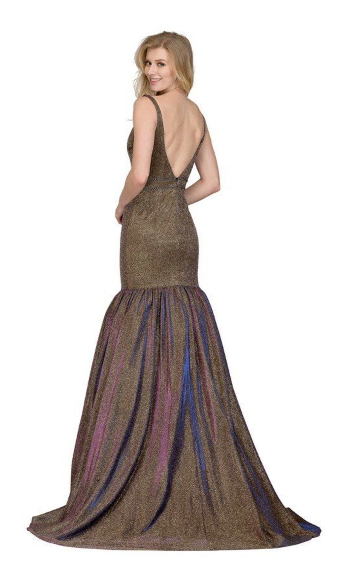 A woman wearing the Long Glitter Mermaid Prom Dress: Chicas DR7006 stands with her back turned, glancing over her shoulder in a shimmering, floor-length gown against a white background.