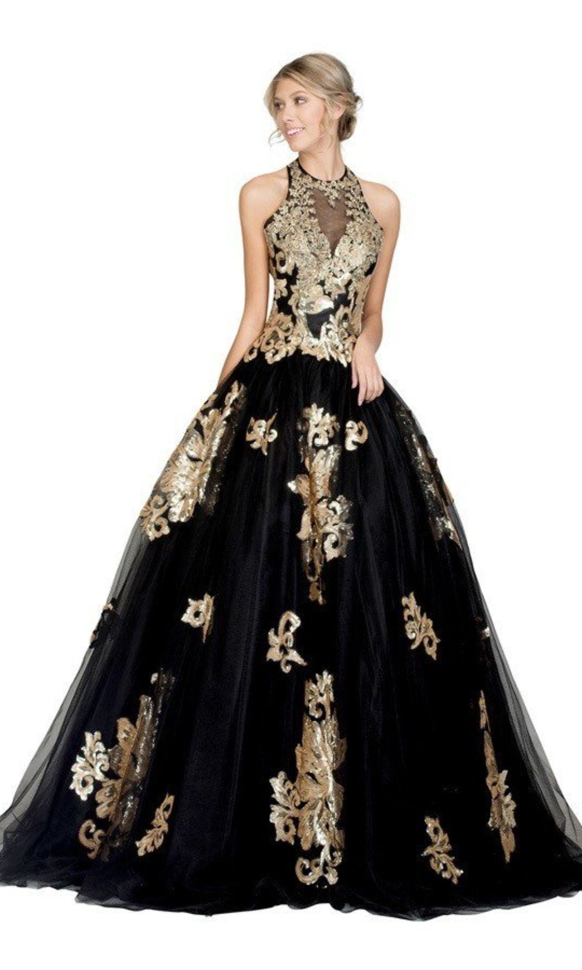 High-Neck Long A-Line Prom Dress with Embroidery Black/Gold / XSmall