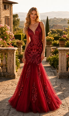 A woman stands outdoors in a garden wearing the Long Sequin Mermaid Prom Dress Chicas DR7009 in burgundy, featuring a fitted, sleeveless silhouette with sequin detailing, beaded and lace accents, a lace-up back, and a flared tulle mermaid skirt.