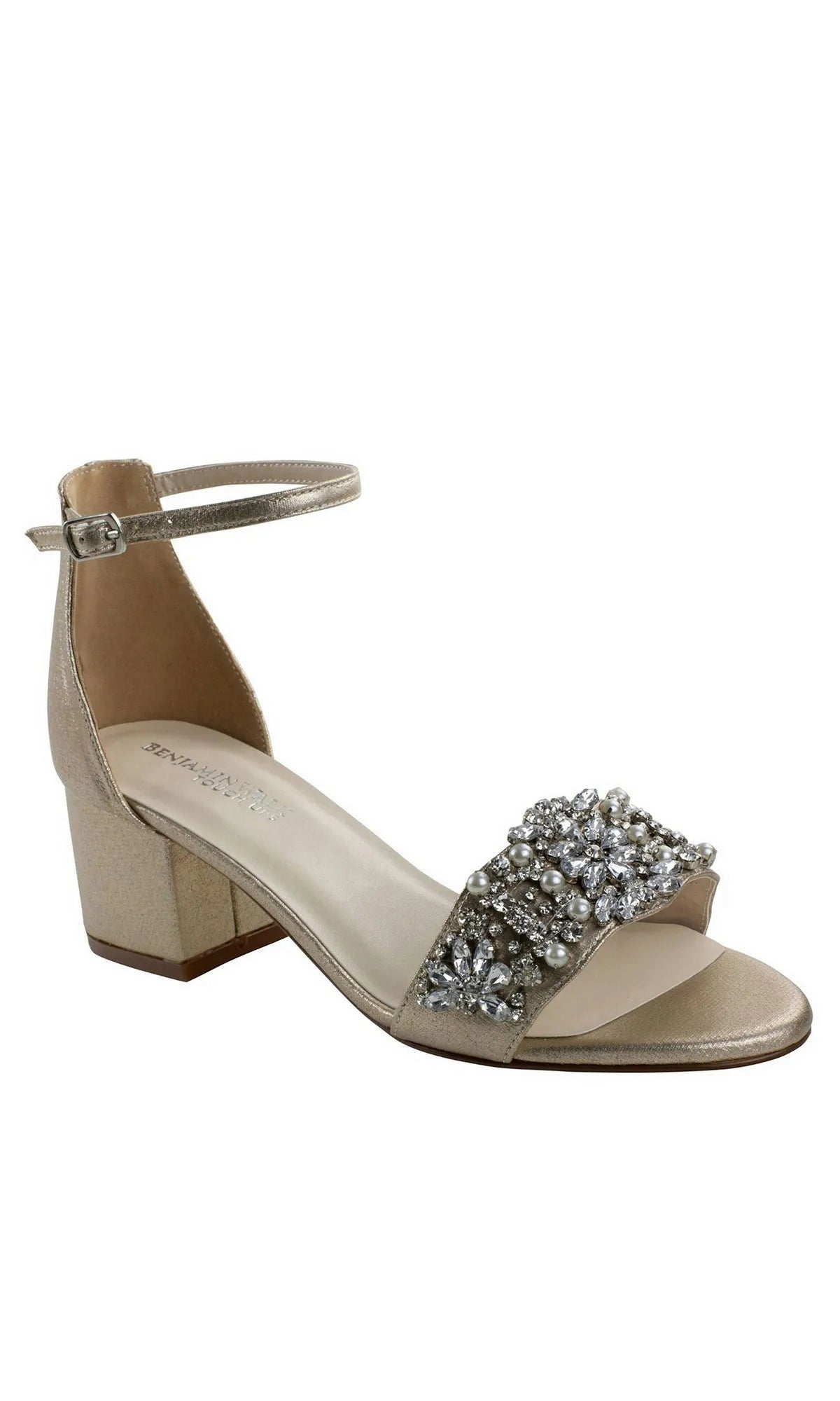Devon Champagne Prom Shoes: Dyeables 4572 are champagne-colored low heel shoes featuring an ankle strap and a rhinestone and pearl embellished toe strap.