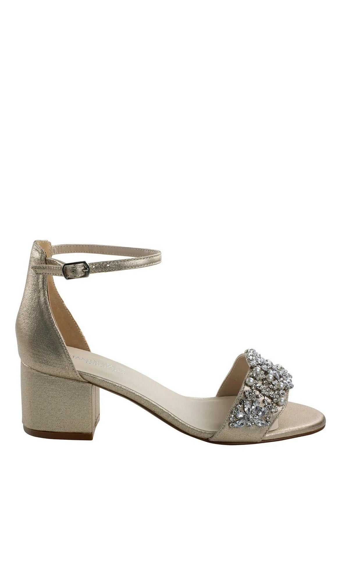 Devon Champagne Prom Shoes: Dyeables 4572 are champagne-colored block heel sandals with an ankle strap and a jeweled strap featuring a cluster of crystals and pearls.