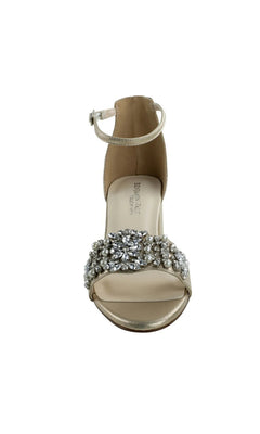 Devon Champagne Prom Shoes: Dyeables 4572 gold block-heel sandals with an ankle strap and a jeweled front band embellished with crystals and pearls.
