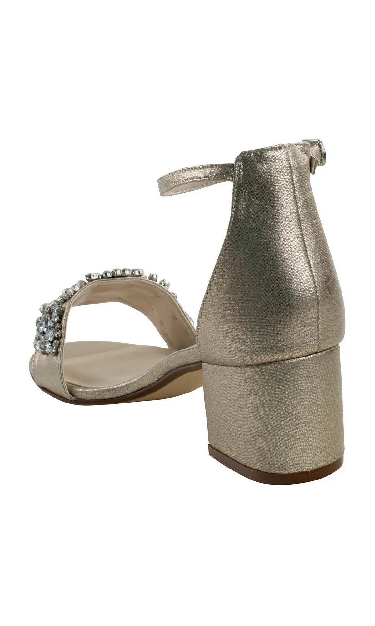 Devon Champagne Prom Shoes: Dyeables 4572, featuring champagne-colored ankle-strap block heel sandals with a jeweled strap across the toe.