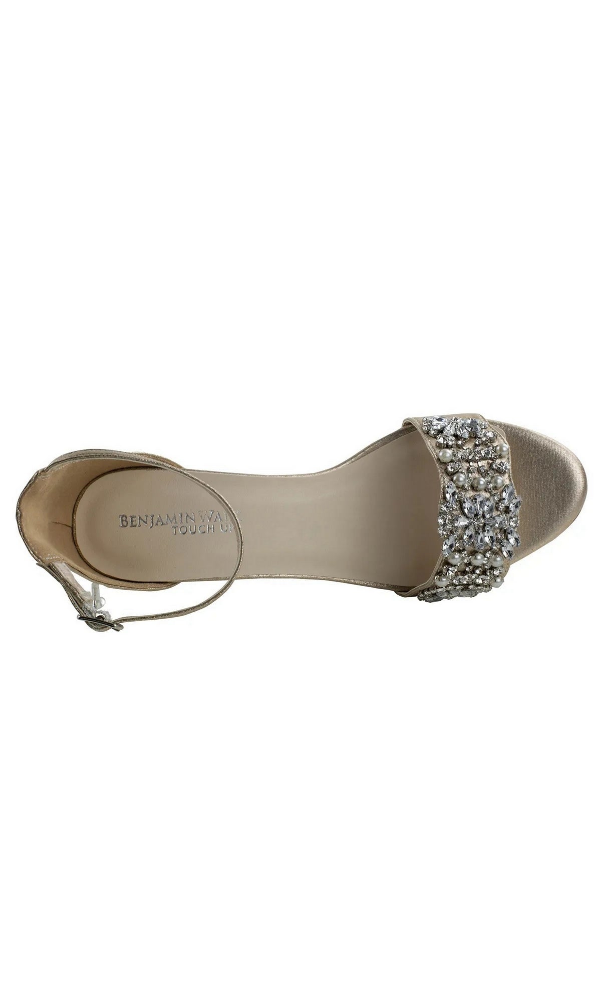 Devon Champagne Prom Shoes: Dyeables 4572 are champagne-colored low heel shoes with an ankle strap and a toe band embellished with pearls and clear crystals.