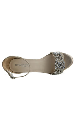 Devon Champagne Prom Shoes: Dyeables 4572 are champagne-colored low heel shoes with an ankle strap and a toe band embellished with pearls and clear crystals.